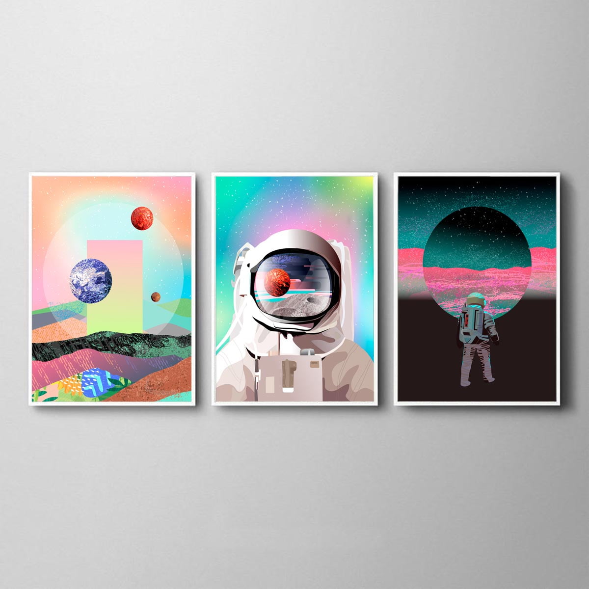 Kit Quadros Decorativos Astronauta Moderno Abstrato Mosaico Colorido