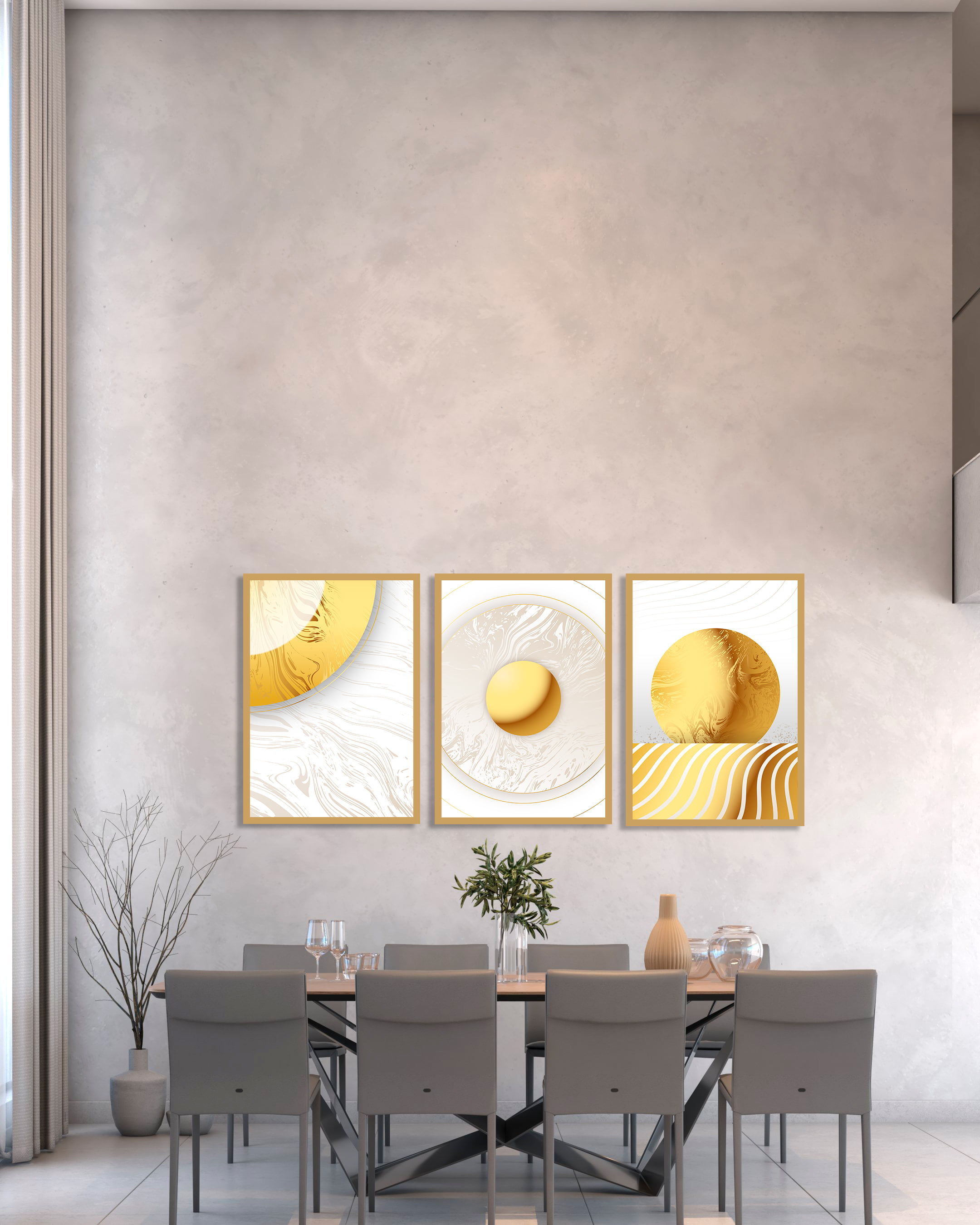 Conjunto 3 Quadros Decorativos Abstrato Formas Retangulares Dourado Branco