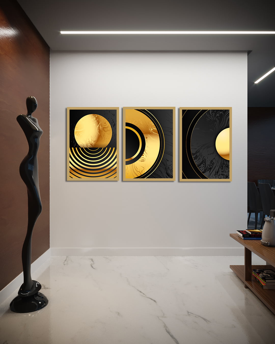 Conjunto 3 Quadros Decorativos Abstrato Formas Redondas Dourado Preto 