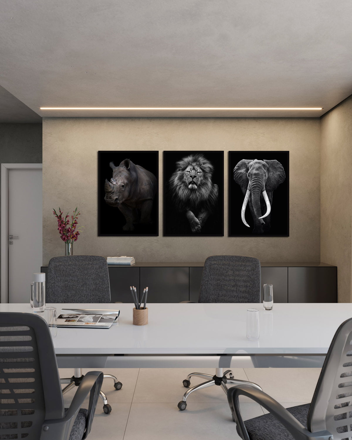 Conjunto 3 Quadros Decorativos Leão Elefante Rinoceronte Moderno