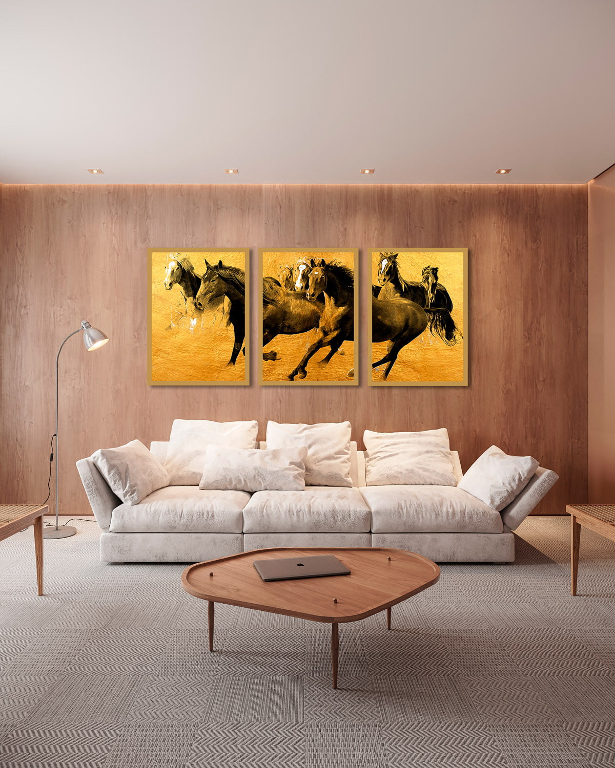 Conjunto 3 Quadros Decorativos Cavalos Dourado 
