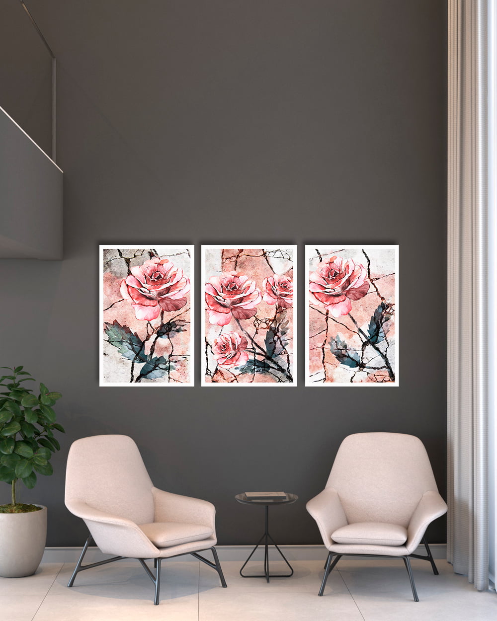 Conjunto 3 Quadros Decorativos Floral Rosas Abstratas 