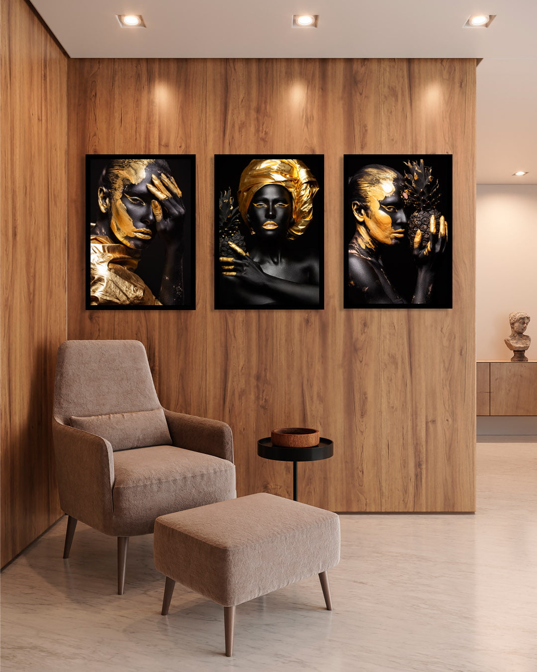 Conjunto 3 Quadros Decorativos Mulheres Negras Dourado Abacaxi