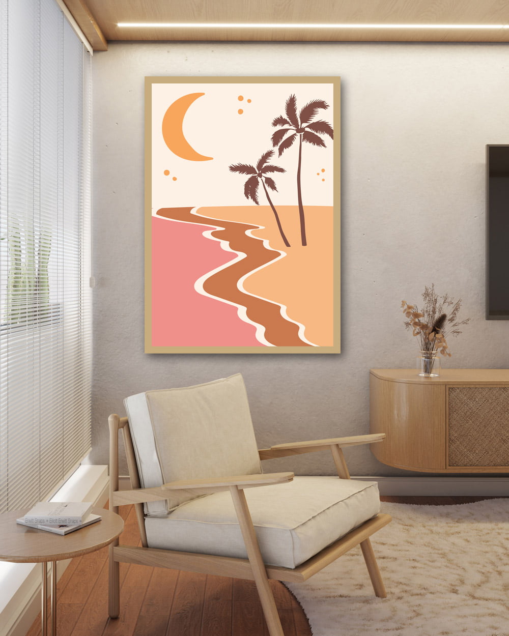 Quadro Decorativo Abstrato Praia Rosa Coqueiro  
