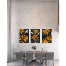Conjunto 3 Quadros Decorativos Floral Flores Amarelas Fundo Preto