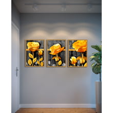 Conjunto 3 Quadros Decorativos Floral Rosas Amarelas Fundo Preto 